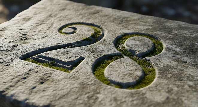 Close view of engraved number twenty eight on rough stone with green moss growing.
