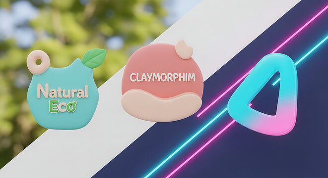 Three 3D rendered modern logos with soft pastel and neon accents, natural eco emblem, claymorphim label, and abstract triangle shape, representing branding and digital design concepts