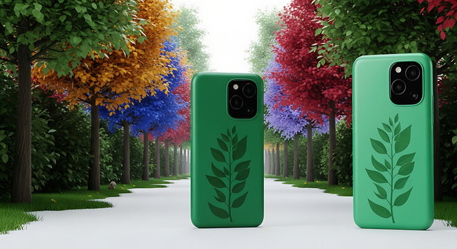 Two green phone cases with leaf patterns displayed on a paved path lined with colorful autumn trees, nature inspired design, organic aesthetic