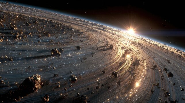 Space universe exploration, fantasy. A vivid, highresolution depiction of a celestial landscape. The main subject is a vast expanse of rocky terrain with numerous asteroids scattered across it.