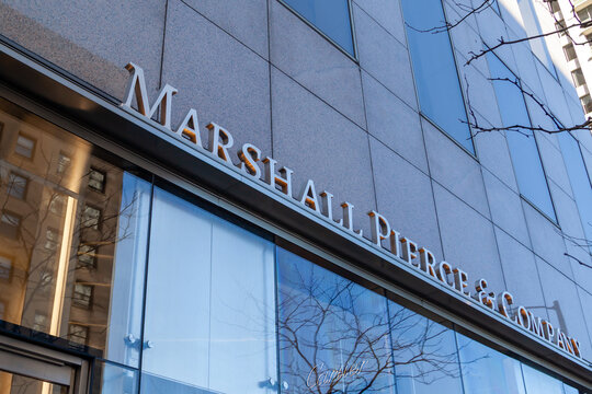 Chicago, Illinois, USA - March 28, 2022: Marshall Pierce and Co Jewelry store sign on the building at their flagship store located on North Michigan Avenue in Chicago,  Illinois, USA. 