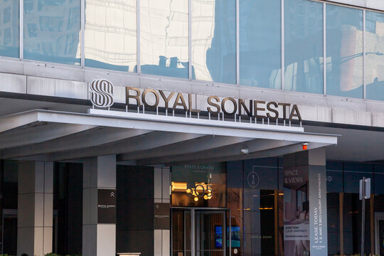 Chicago, Illinois, USA - March 28, 2022: The entrance of Royal Sonesta Chicago River North hotel at 505 N State St, Chicago, IL, USA. 
