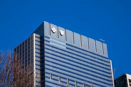 Chicago, Illinois, USA - March 28, 2022: Blue Cross Blue Shield Association headquarters building in Chicago, Illinois, USA,  a federation of 35 separate United States health insurance companies. 