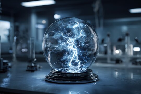 Plasma ball with lightning discharge in laboratory setting