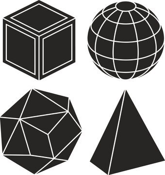 Set of four black and white geometric 3d shapes including cube grid sphere dodecahedron and pyramid isolated on white background vector.