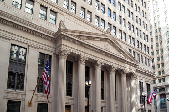 Chicago, Illinois, USA - March 28, 2022: Federal Reserve Bank of Chicago in the financial district of Chicago, Illinois, USA. The Federal Reserve Bank is the regional operating arm of the U.S. central