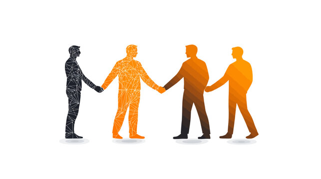 Illustration of four male figures holding hands in a row. They are various colors. White background