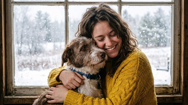 Affectionate portrait of a young woman deeply embracing a loving brown and white mixed-breed dog while wearing a bright yellow sweater.
