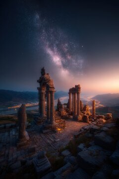 Space universe exploration, fantasy. A vivid portrayal of the ancient ruins of a temple, bathed in the warm glow of the setting sun. The temple is composed of tall.