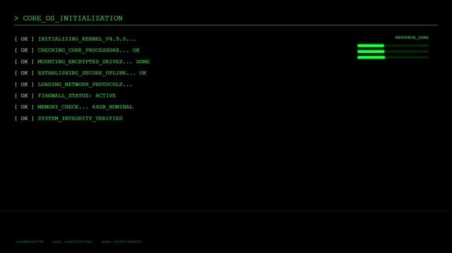Futuristic Core OS Initialization HUD with Green Digital Command Line Interface and Computer System Boot Sequence Loading Status Monitoring Screen.