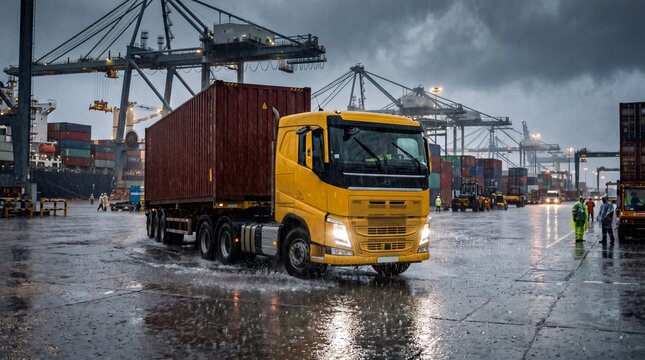 Bright yellow heavy duty transport truck pulling a dark red shipping container driving slowly through a bustling industrial port terminal.