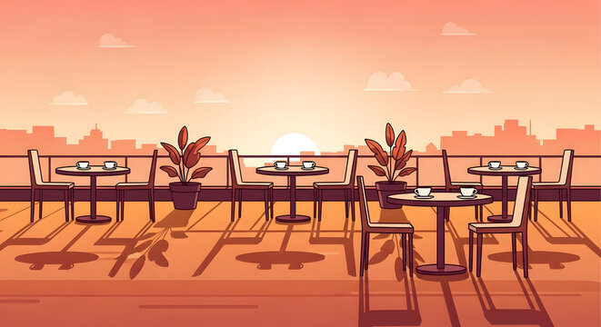 Empty rooftop cafe terrace at sunset with city skyline view