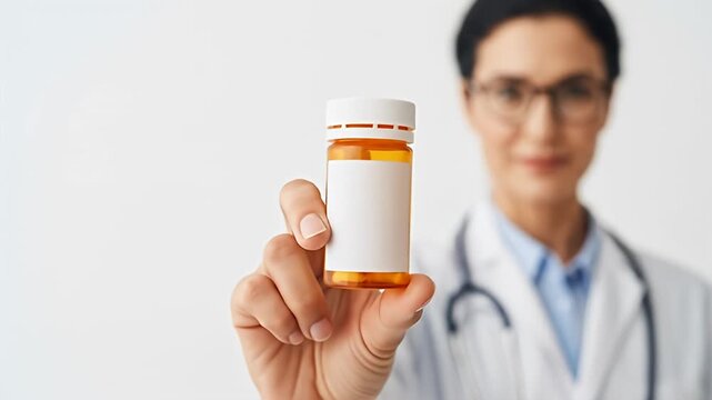 Doctor holding pill bottle with blank label, white background