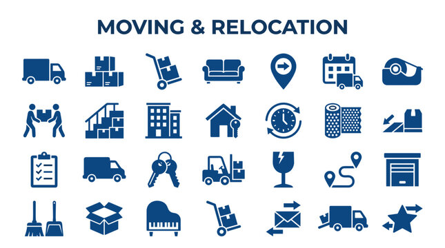 Moving and relocation service icons set vector illustration truck boxes furniture moving house transport moving box piano keys calendar and moving truck