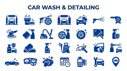 Car Wash and Detailing Icons Set Blue Color Automotive Service Symbols for Cleaning and Maintenance Business © Iconique Studio