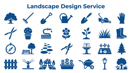 Collection of landscape design service icons and symbols representing gardening tools plants and outdoor elements for landscaping projects and services © Iconique Studio