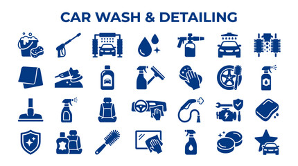 Fototapeta premium Car Wash and Detailing Service Icons Collection Featuring Cleaning Tools and Vehicle Care Equipment for Auto Service Businesses