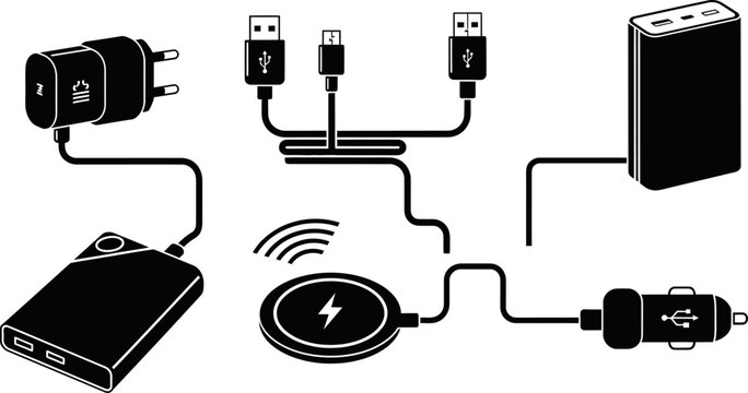 Charging devices eps set. black silhouette of usb cables, power banks and wireless charger.