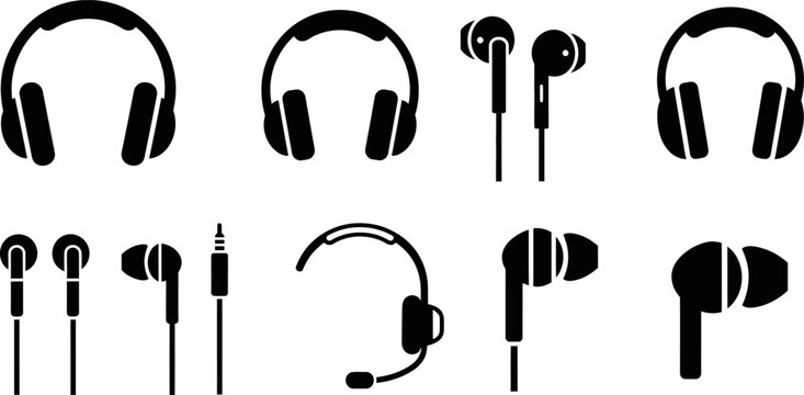 Headphones and earphones eps set. black silhouettes of audio listening devices.