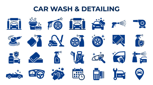Car Wash and Detailing Icons Set Blue Color Automotive Service Symbols for Cleaning and Maintenance Business