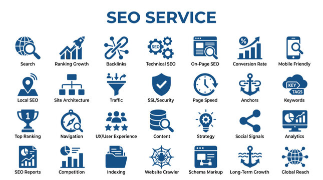 Search Engine Optimization Service Icons and Concepts for Digital Marketing and Website Growth Strategy