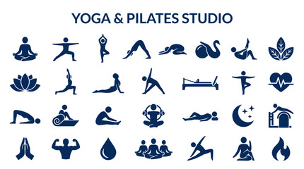 Collection of yoga and pilates studio icons representing various poses and wellness concepts in a clean blue design on a white background © Iconique Studio