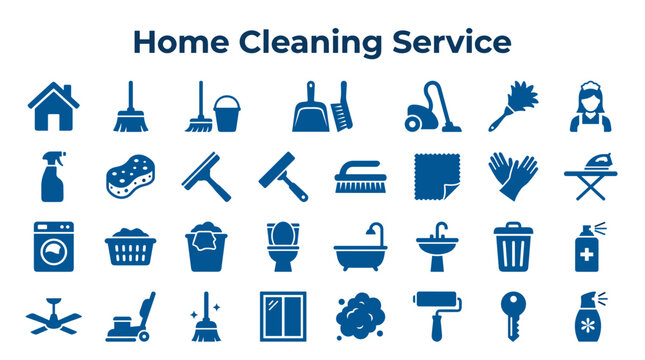 Home Cleaning Service Icons Set Representing Various Tools and Tasks for Housekeeping and Sanitation Needs