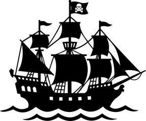 Pirate Ship Silhouette Black White Skull Flag Sailing Ocean Vector Illustration © Avesh