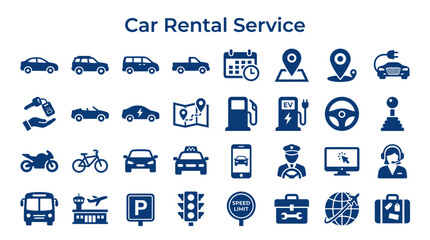 Car Rental Service Icons and Symbols Representing Transportation Options and Related Services for Travel and Mobility © Iconique Studio