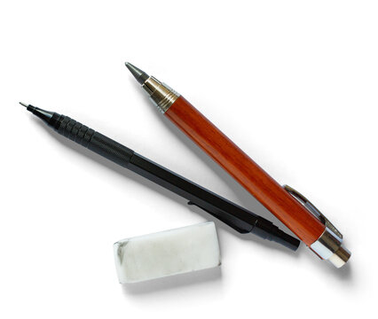 Art Drawing tools with pencils and eraser isolated on transparent background, realistic shadow PNG design element
