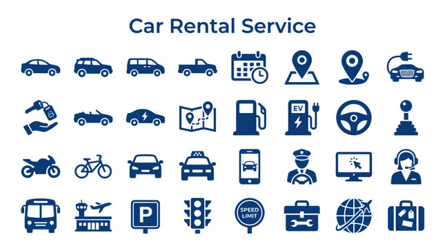 Car Rental Service Icons and Symbols Representing Transportation Options and Related Services for Travel and Mobility