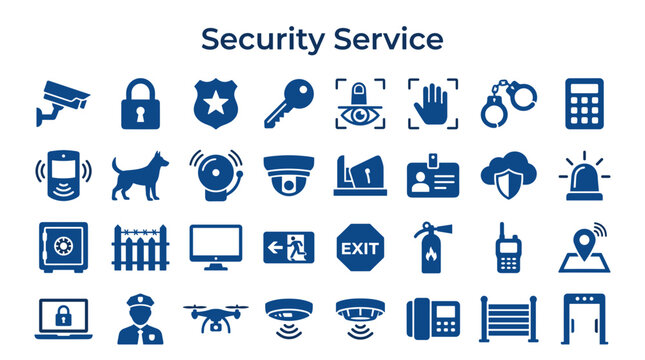 Collection of security and safety icons representing protection surveillance access control and emergency services