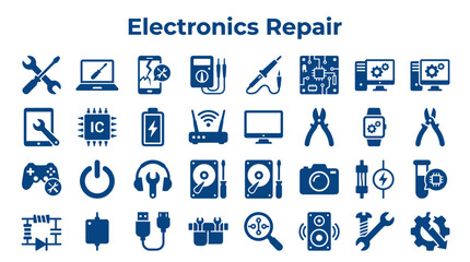 Fototapeta premium Electronics Repair Service Icons Set for Gadget Maintenance and Digital Device Troubleshooting Concepts