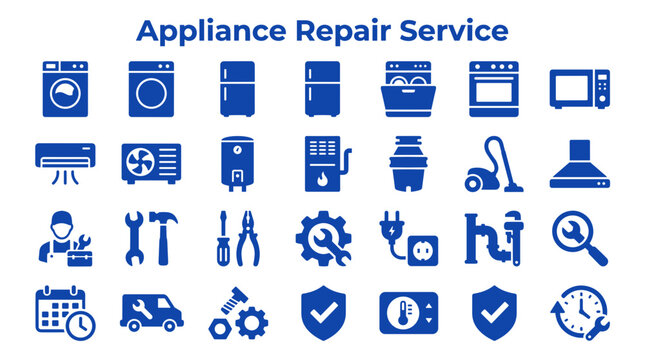 Appliance Repair Service Icons Set Blue Home Electronics Maintenance Equipment Professional Technical Support and Troubleshooting Symbols Collection