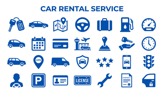 Car Rental Service Icons and Symbols Representing Transportation, Travel, and Automotive Industry Needs