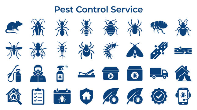 Pest Control Service Icons Set Rodent Insect Spider Roach Ant Flea Mosquito Fly Moth Disease Disinfection Protection and Prevention Symbols