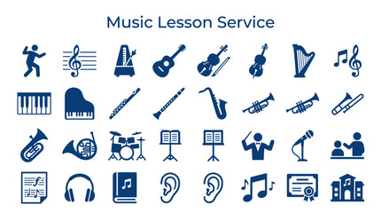 Music Lesson Service Icons Collection: Instruments, Performance, Education, and Learning Symbols for Music Education and Entertainment Concepts © Iconique Studio