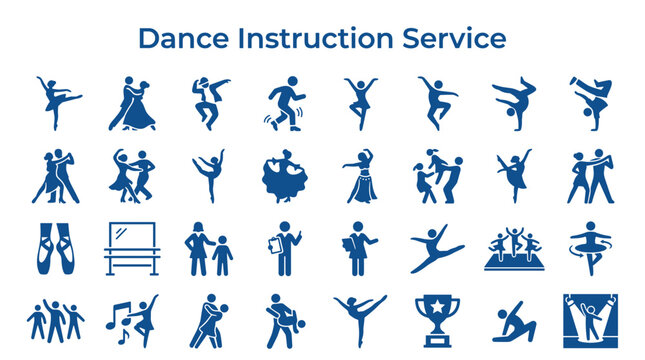 Collection of diverse dance icons and symbols representing various dance styles and instruction services for artistic expression and physical activity