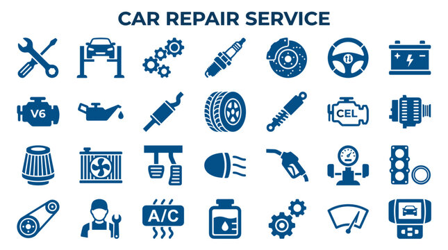Car Repair Service Icons Set Collection Automotive Maintenance Symbols Auto Shop Equipment Vehicle Diagnostics Tools Graphic Elements