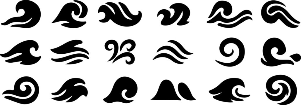Sea wave icon set vector. Water tribal tidal streams with breeze swirls. Water waves, ocean wave and splashes nautical storm symbol. vector illustration.