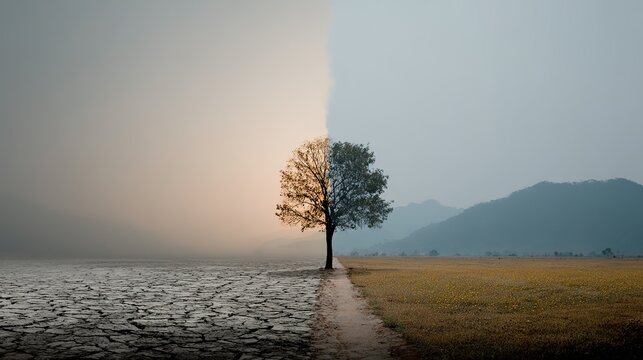 Climate Change Contrast Landscape: Solitary Half Withered Half Lush Tree Between Cracked Drought-Stricken Earth and Golden Flower Meadow, Foggy Mountains Under Hazy Twilight Sky