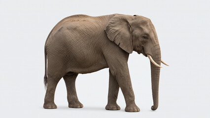 Fototapeta premium Realistic elephant side view isolated on a clean white background, detailed wildlife image with natural texture and full body.