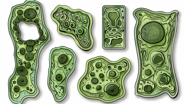 Artistic depiction of amoeba or cell-like structures in green and black with a white background