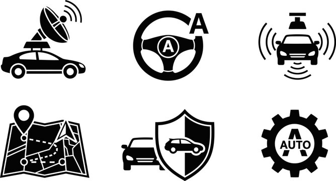 Self-driving car and autonomous vehicle technology vector eps set with navigation.