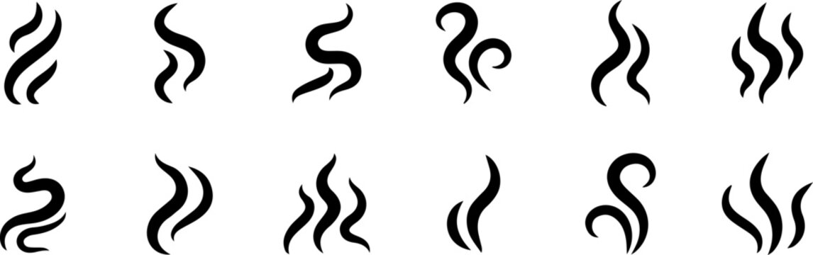 Smoke steam icon vector logo set. Smoke smell, steam aroma heat icon illustration. Hot vapor fire doodle line logo. Hit stink, coffee, fragrance flame elements. Vector illustration.