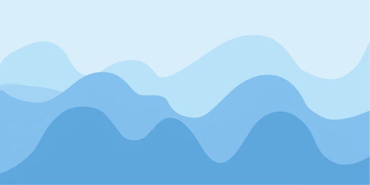 Abstract blue vector illustration of a nature landscape featuring ocean waves and mountain peaks under a summer sky with clouds for a decorative background design