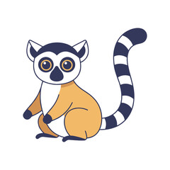 Cute ring-tailed lemur illustration with large eyes and striped tail, shown sitting on isolated background in flat vector style for wildlife and children’s designs © Anlust