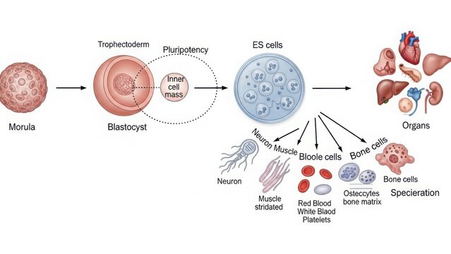 Stem cell differentiation pathways leading to various organs and cell types