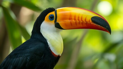 Fototapeta premium A vibrant close up portrait of a toucan with its large colorful beak amidst lush green foliage showcasing tropical biodiversity