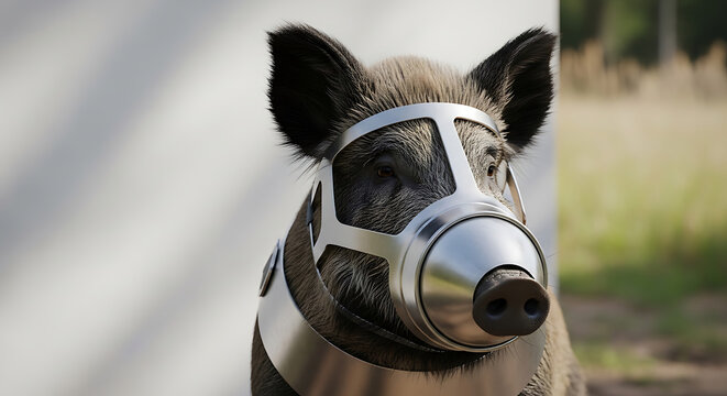 Wild boar wearing a futuristic metallic muzzle and collar, outdoor setting with soft natural light, symbolic of control or protection